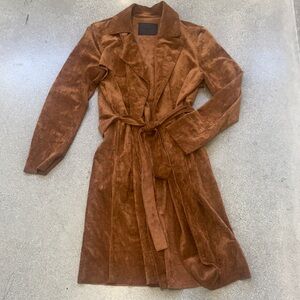 Camel Brown Suede Belted Trench Coat | Long Leather Wrap Jacket